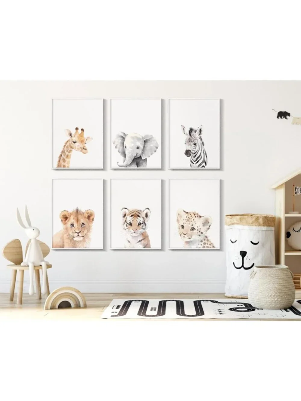 Safari Animal Wall Art Set of 6 - Jungle Nursery Decor for Baby Room, 12x16 Inch